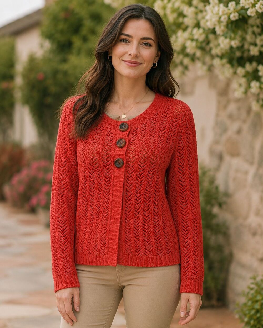 Jones New York Signature P Small Coral Chevron Knit Cardigan Sweater 3 Buttons